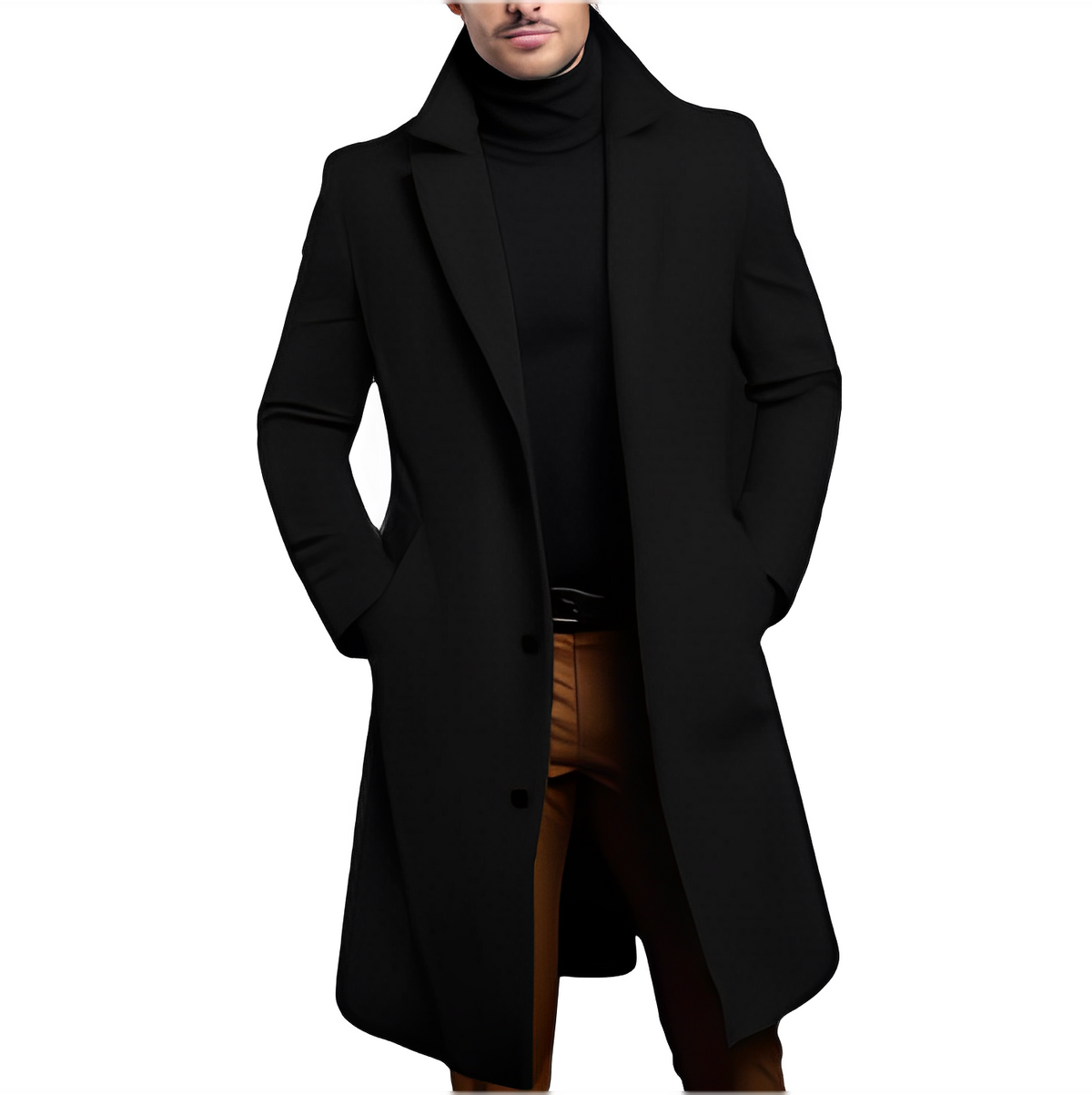 Men's Long Wool Trench Coat with Notch Collar
