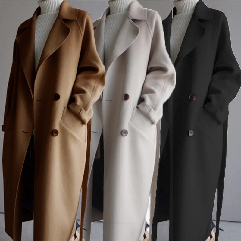 Women's Long Double-Breasted Coat with Notch Lapels
