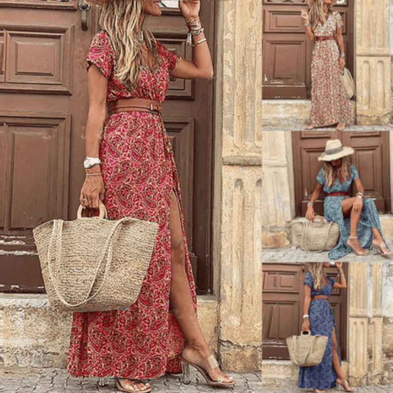 Harper | Damen V-Ausschnitt Kurzarm Maxikleid