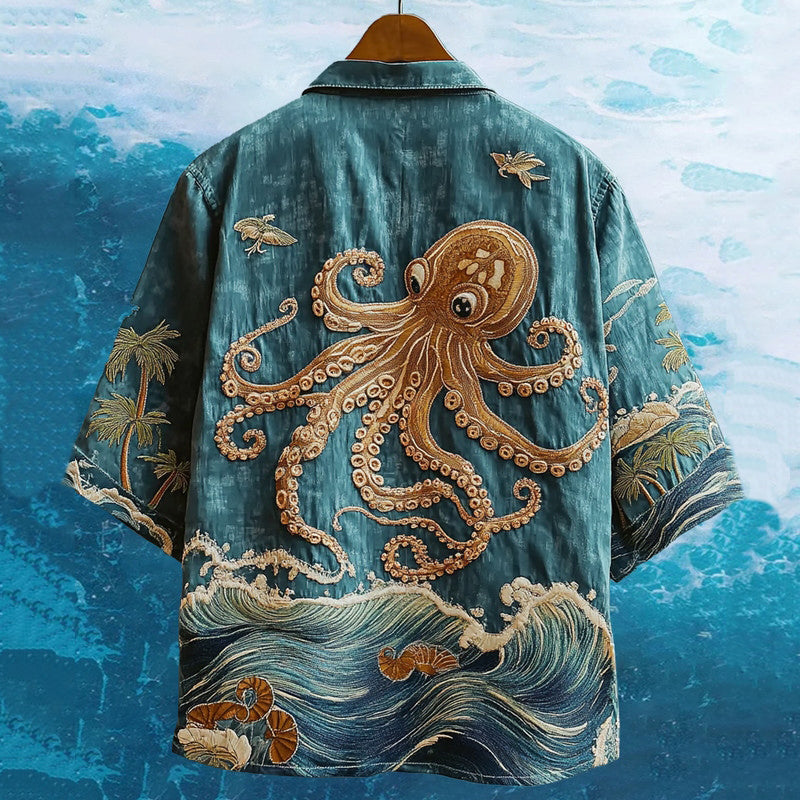 Herren besticktes Ozean-Oktopus Hawaii-Urlaubshemd