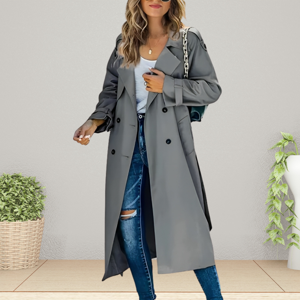 Charlie | Stylischer doppelreihiger langer Trenchcoat für Damen