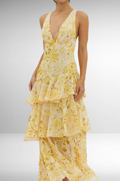Maria | Elegantes gestuftes Maxikleid mit Blumenmuster für Damen