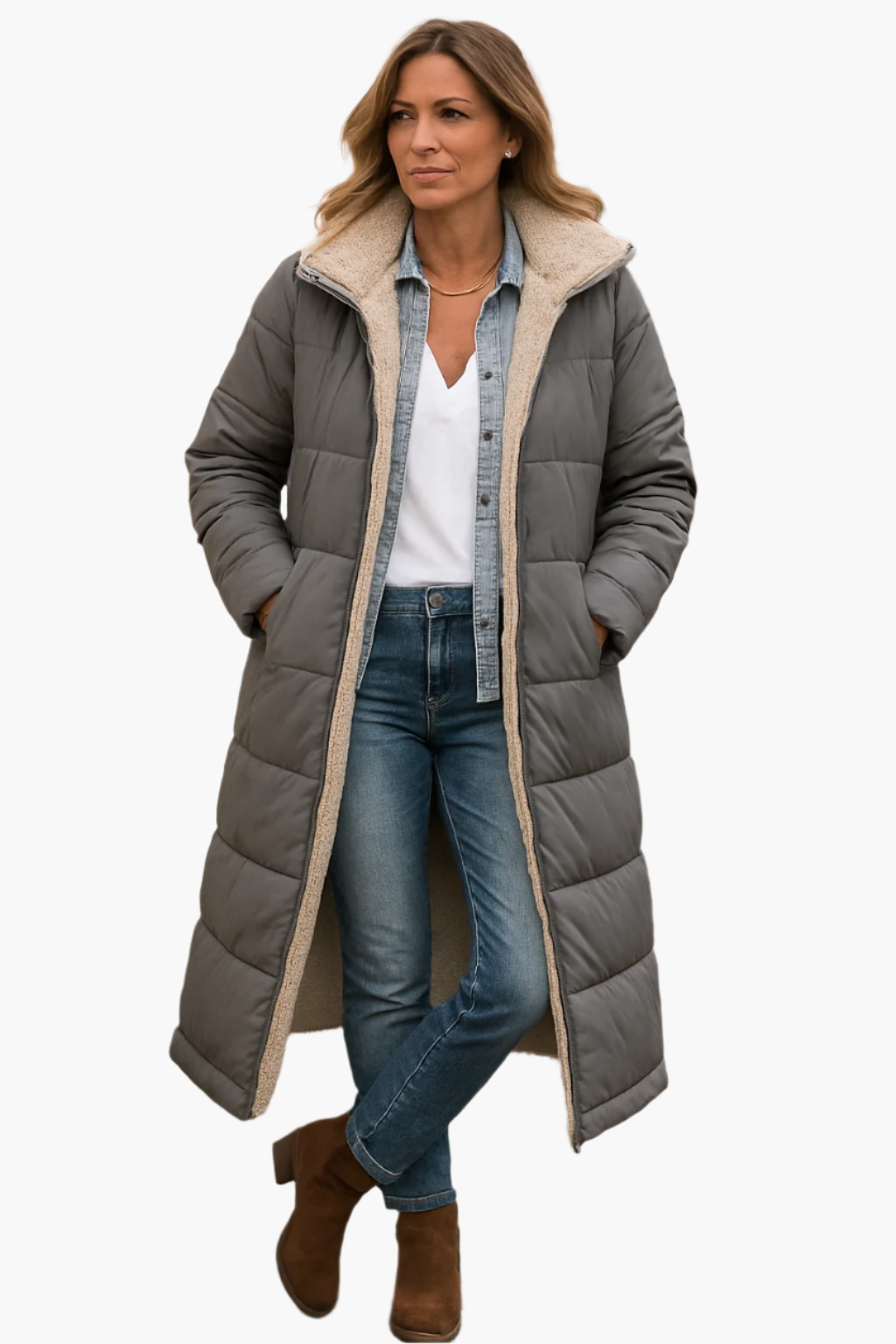 Paige | Langer, gesteppter Wintermantel mit Kapuze für Damen