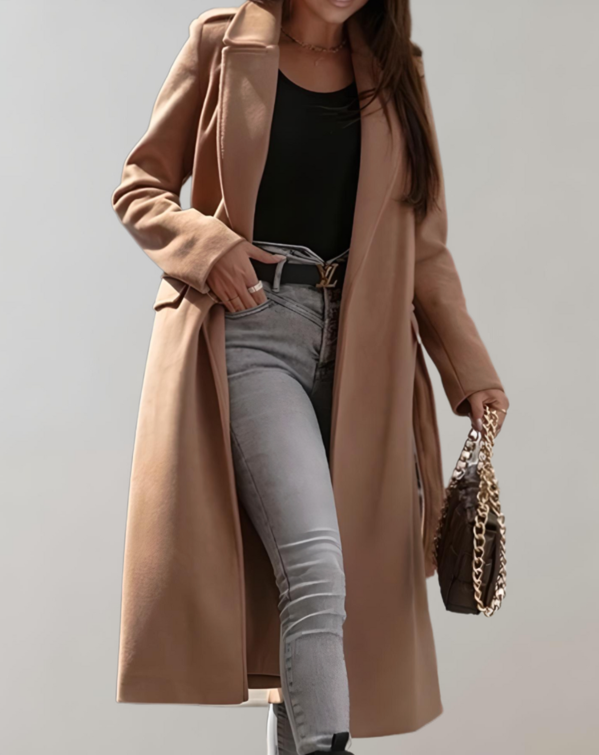 Women's Long Belted Coat with Notch Collar