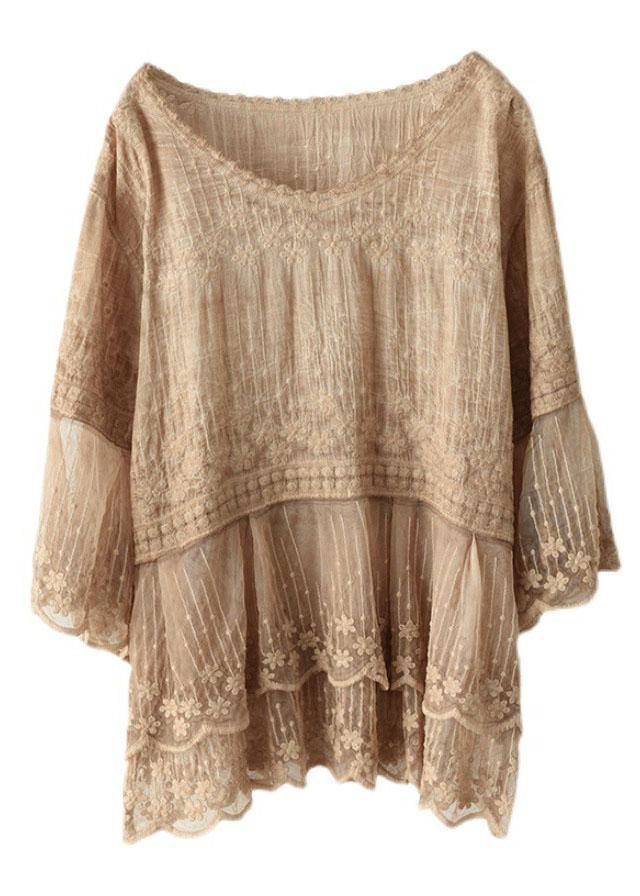 Lockeres Khaki O-Neck Besticktes Patchwork Sommerhemd Halbarm