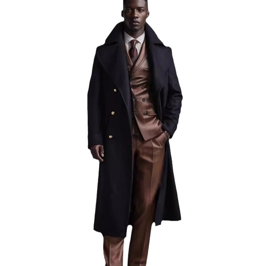 Men's Double-Breasted Long Overcoat Wide Collar