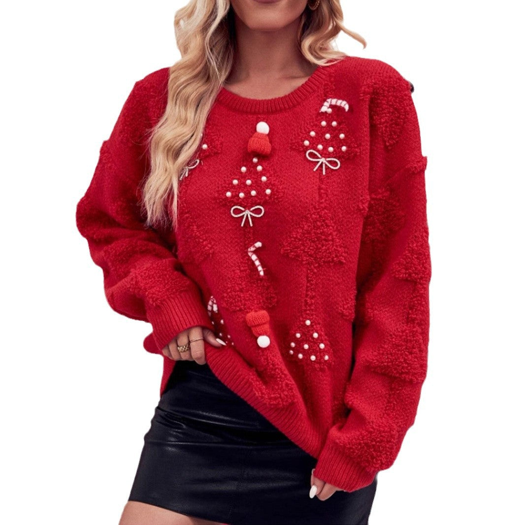 Women's Christmas Sweater with 3D Holiday Embroidery
