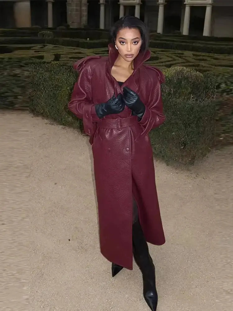 Audrey| Women’s Winter Long Trench Leather Coat Elvorah
