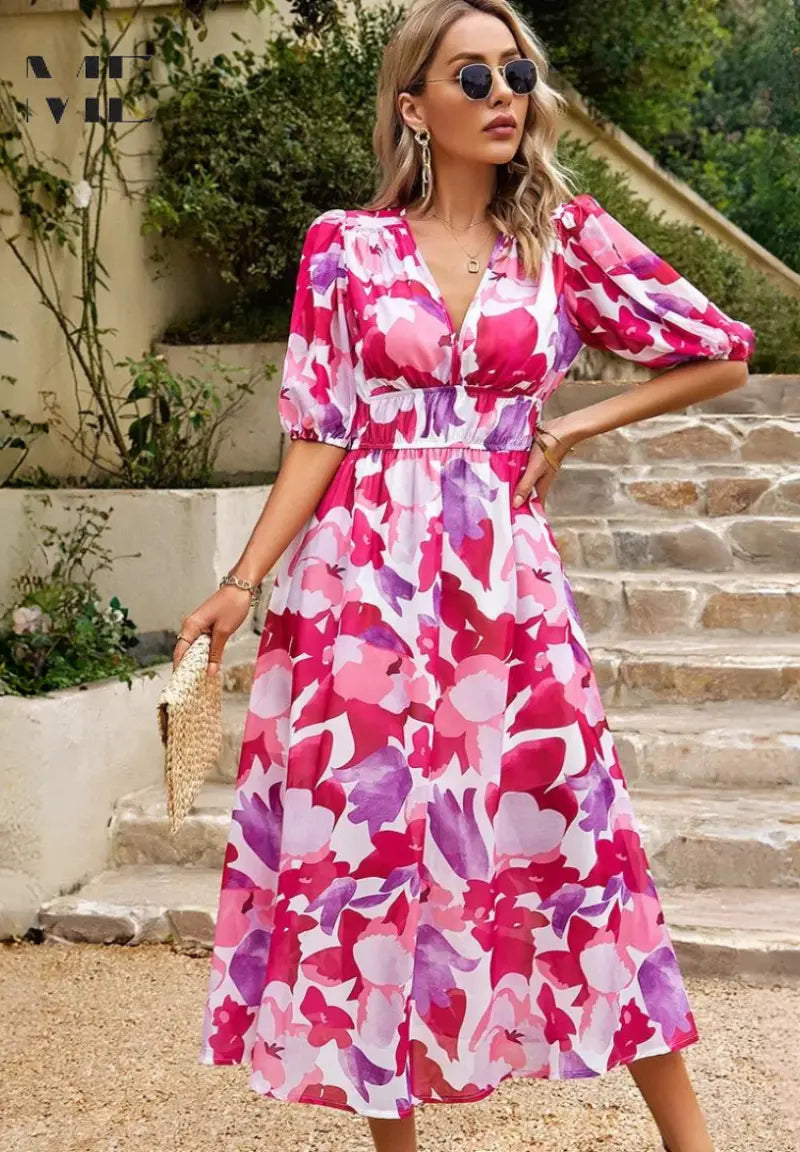 Ruby | Women’s Abstract Print Belted Midi Dress Elvorah