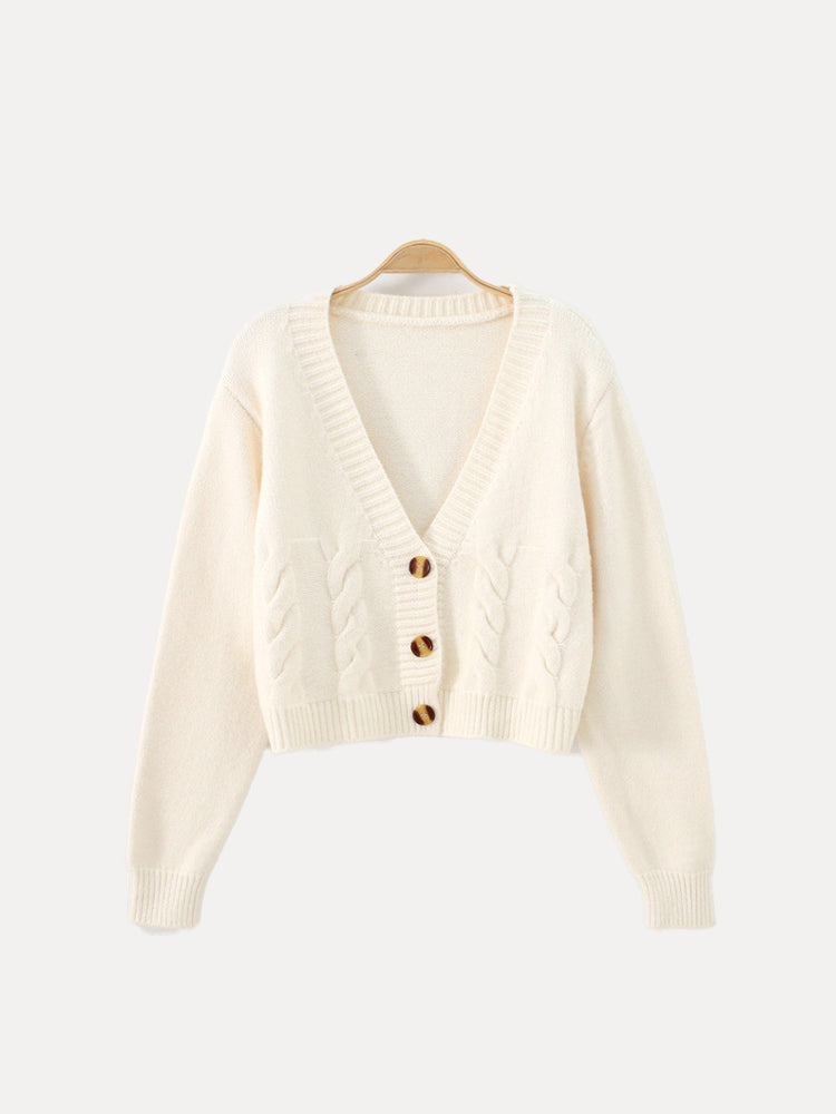 Ella | Damen gestrickter bauchfreier Pullover mit V-Ausschnitt und Knöpfen