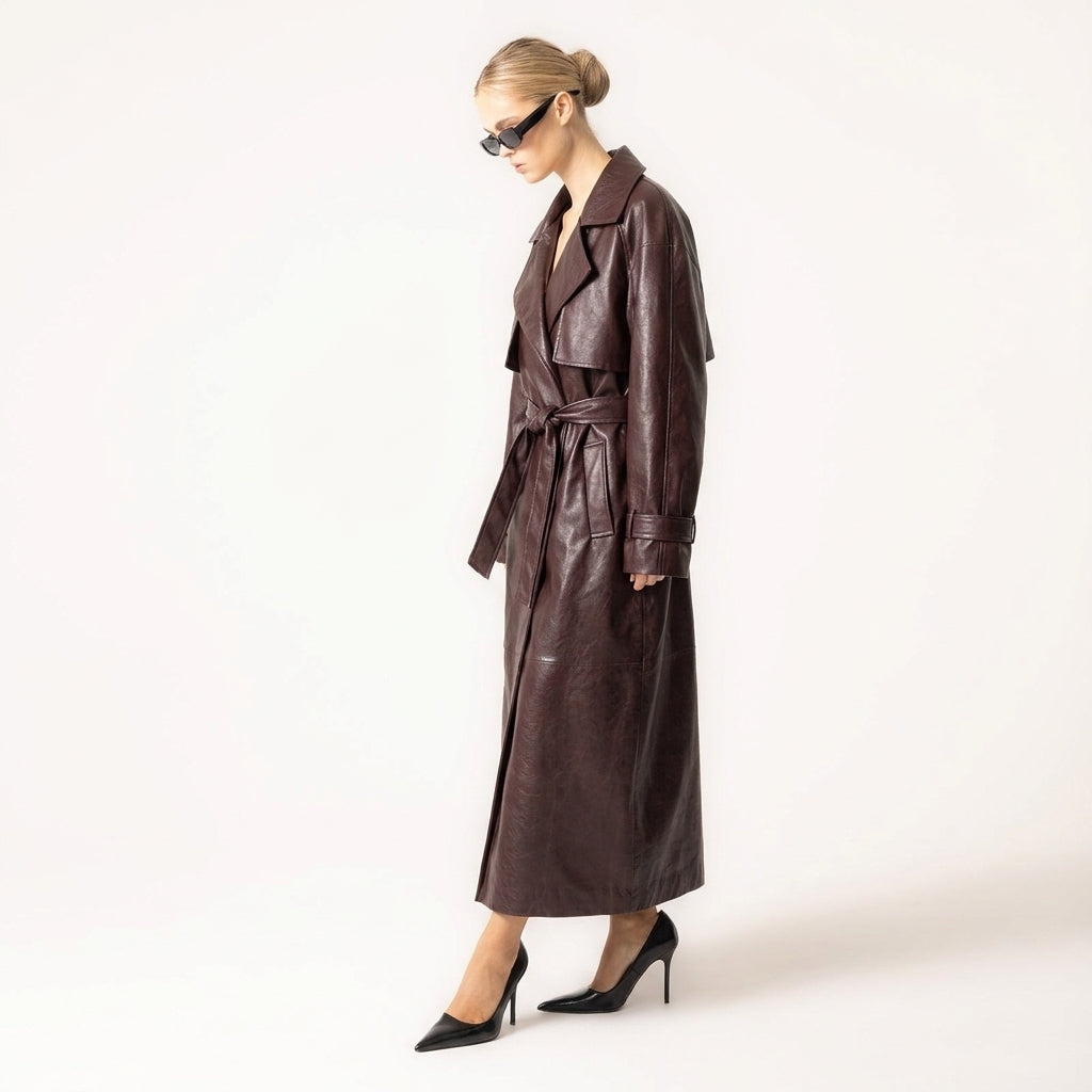 Women's Leather Trench Coat with Belt and Buckle Details
