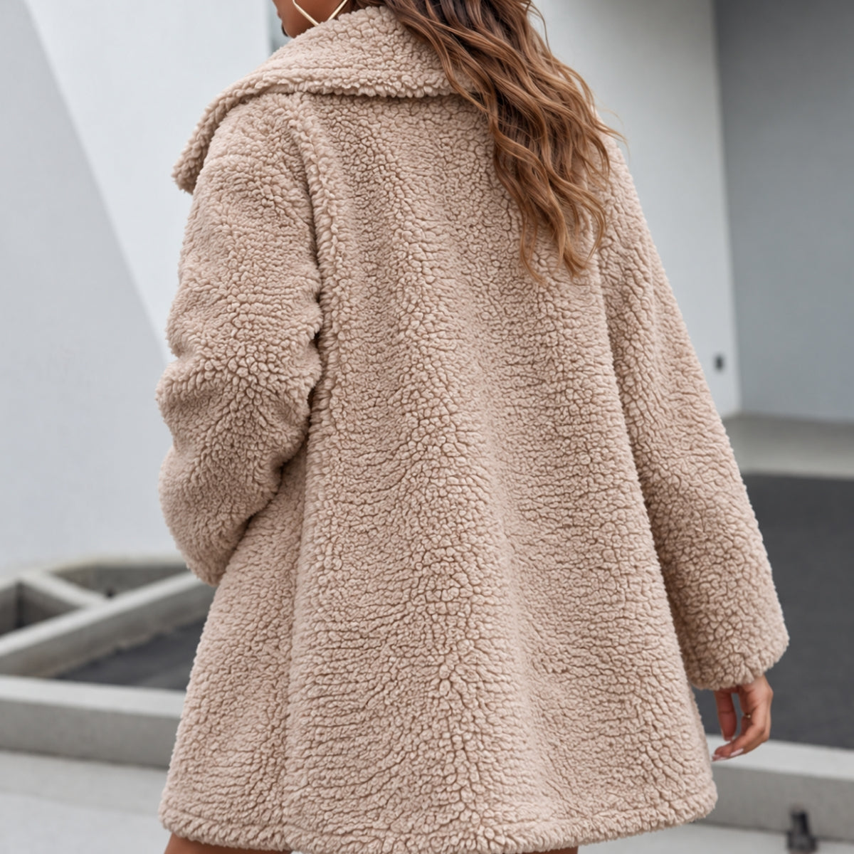 Women's Oversized Teddy Coat with Shawl Collar and Pockets