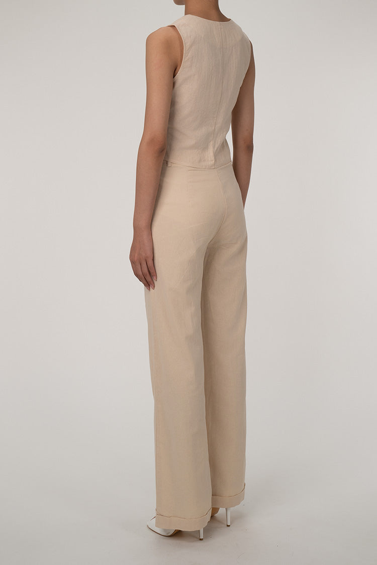 LM | Casual V-neck button front vest wide leg two-piece cotton pleated pants set Elvorah