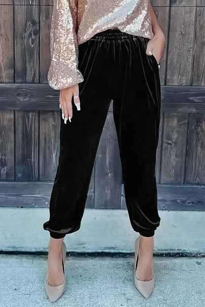 Velvet High-Waist Joggers — Black