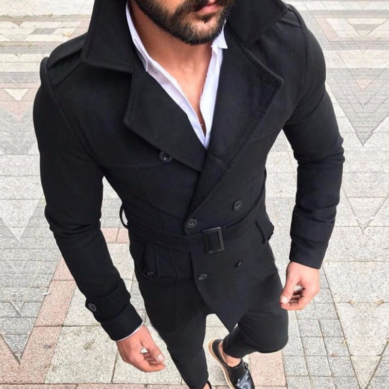 Men's Double-Breasted Trench Coat with Belt and Hooded Collar