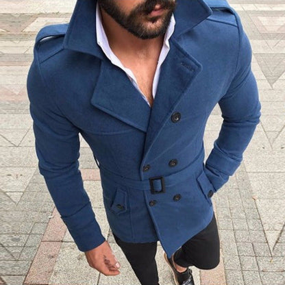 Men's Double-Breasted Trench Coat with Belt and Hooded Collar