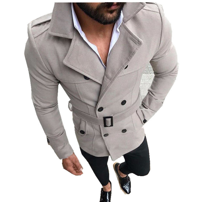 Men's Double-Breasted Trench Coat with Belt and Hooded Collar