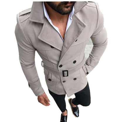 Men's Double-Breasted Trench Coat with Belt and Hooded Collar