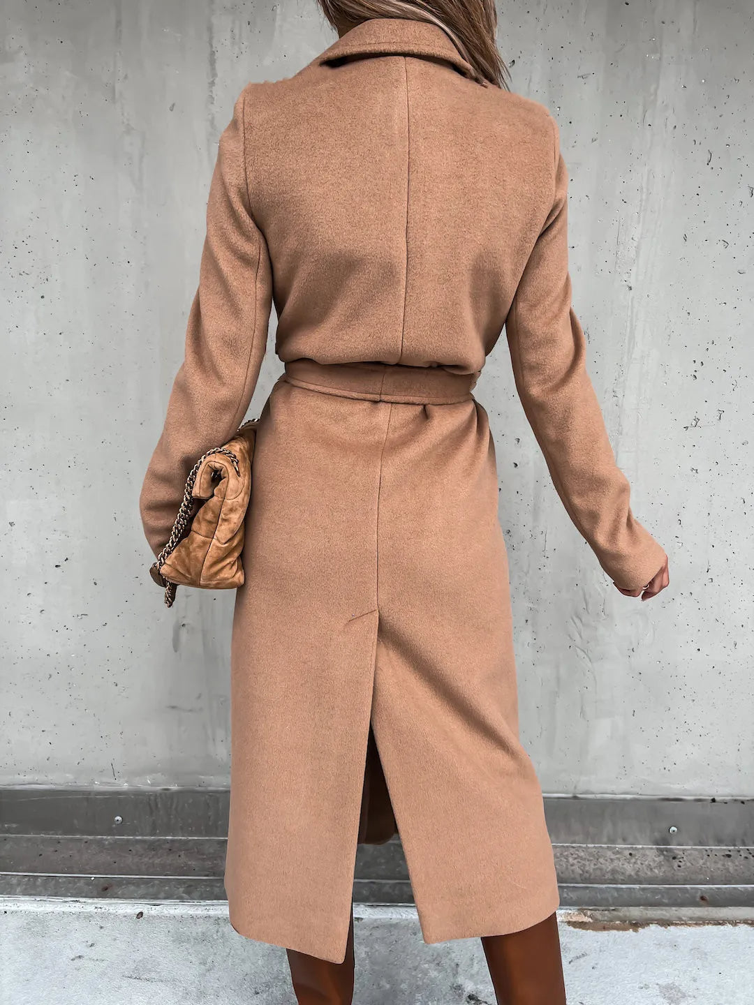 Women's Belted Midi Coat with Notch Lapel Open Front