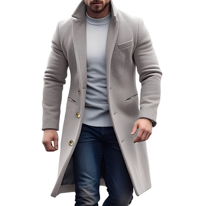 Men's Long Wool Trench Coat with Notch Collar