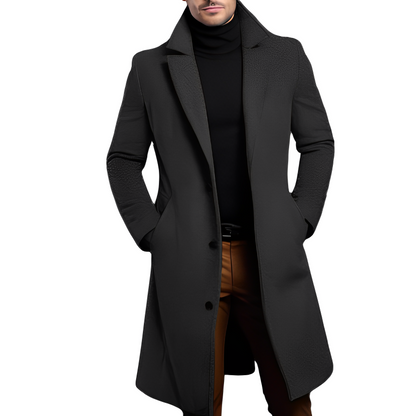 Men's Long Wool Trench Coat with Notch Collar