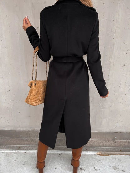 Women's Belted Midi Coat with Notch Lapel Open Front