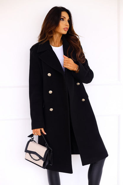 Women's Double-Breasted Wool Coat with Gold Buttons