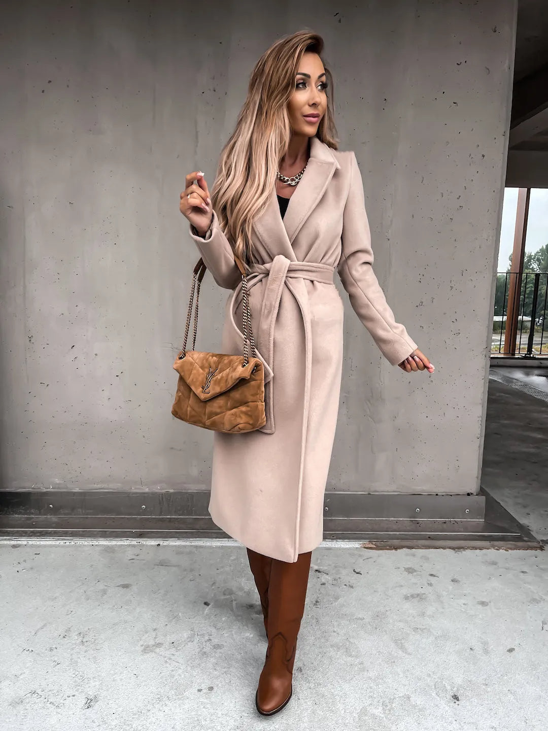 Women's Belted Midi Coat with Notch Lapel Open Front