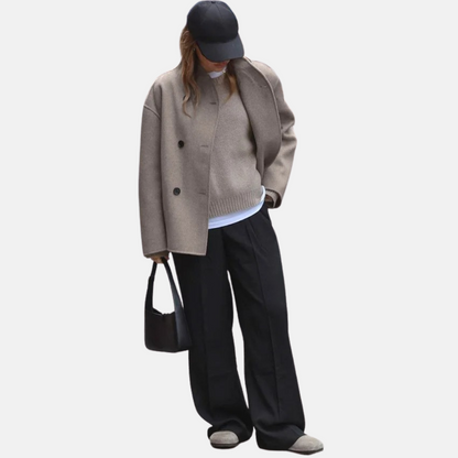 Women's Double-Breasted Coat with V-Neck and Button Front