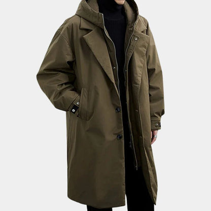 Men's Hooded Layered Trench Coat with Zip Insert