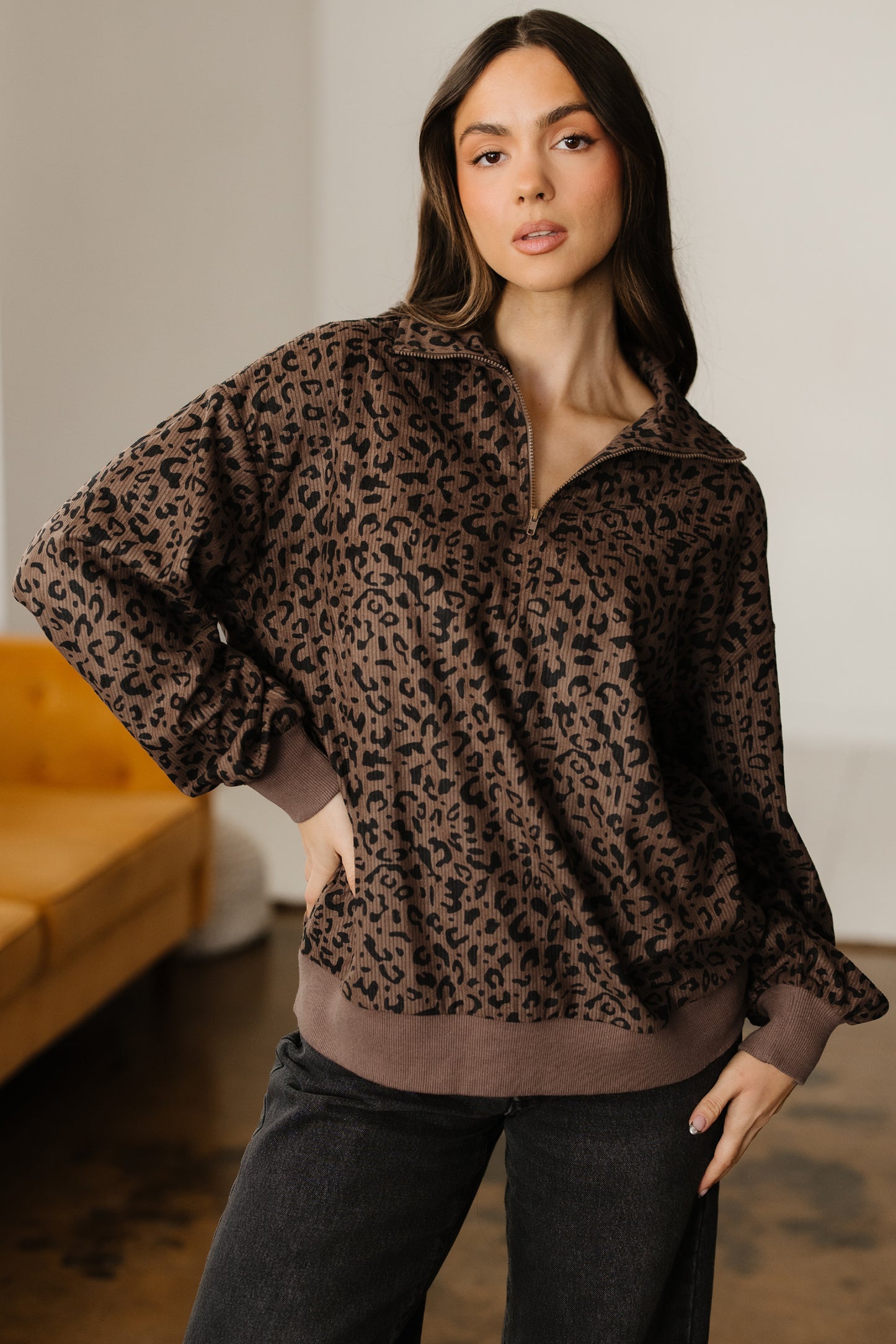 Brown Leopard Print Corduroy Quarter-Zip Sweatshirt