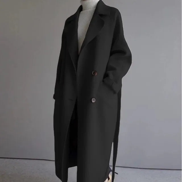 Women's Long Double-Breasted Coat with Notch Lapels