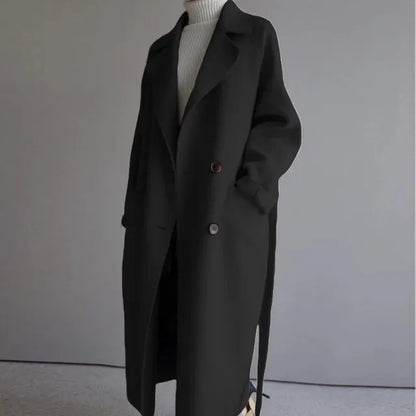 Women's Long Double-Breasted Coat with Notch Lapels