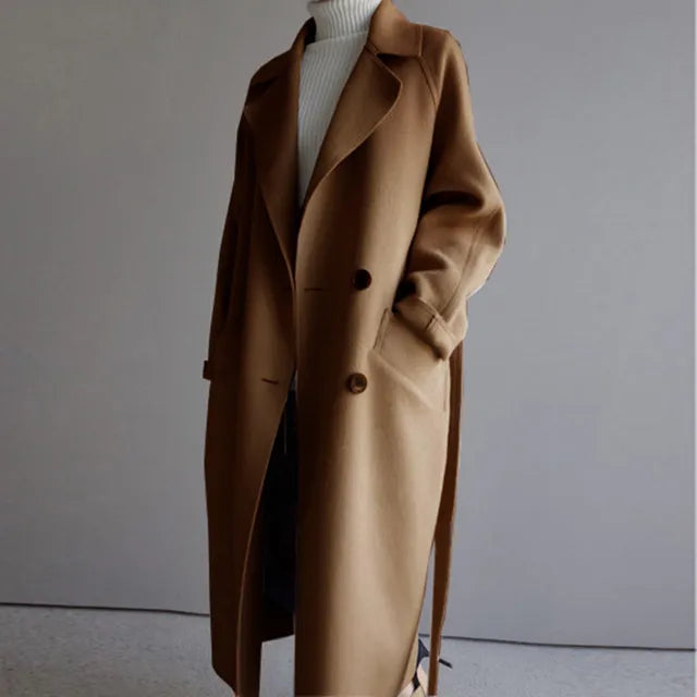 Women's Long Double-Breasted Coat with Notch Lapels