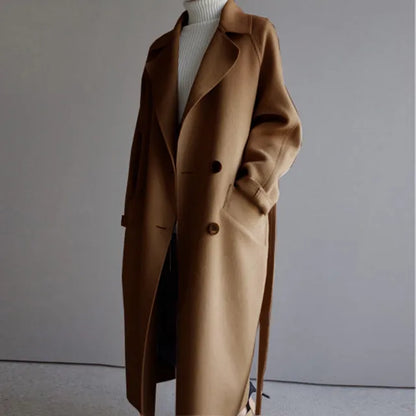Women's Long Double-Breasted Coat with Notch Lapels