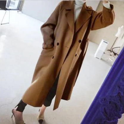Women's Long Double-Breasted Coat with Notch Lapels