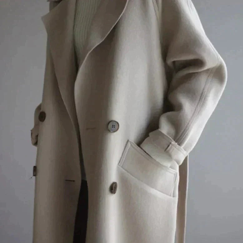 Women's Long Double-Breasted Coat with Notch Lapels