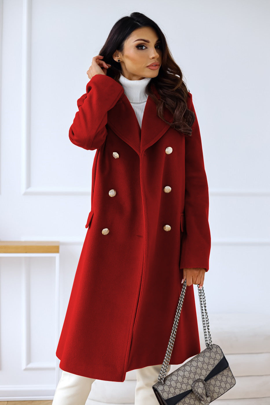 Women's Double-Breasted Wool Coat with Gold Buttons