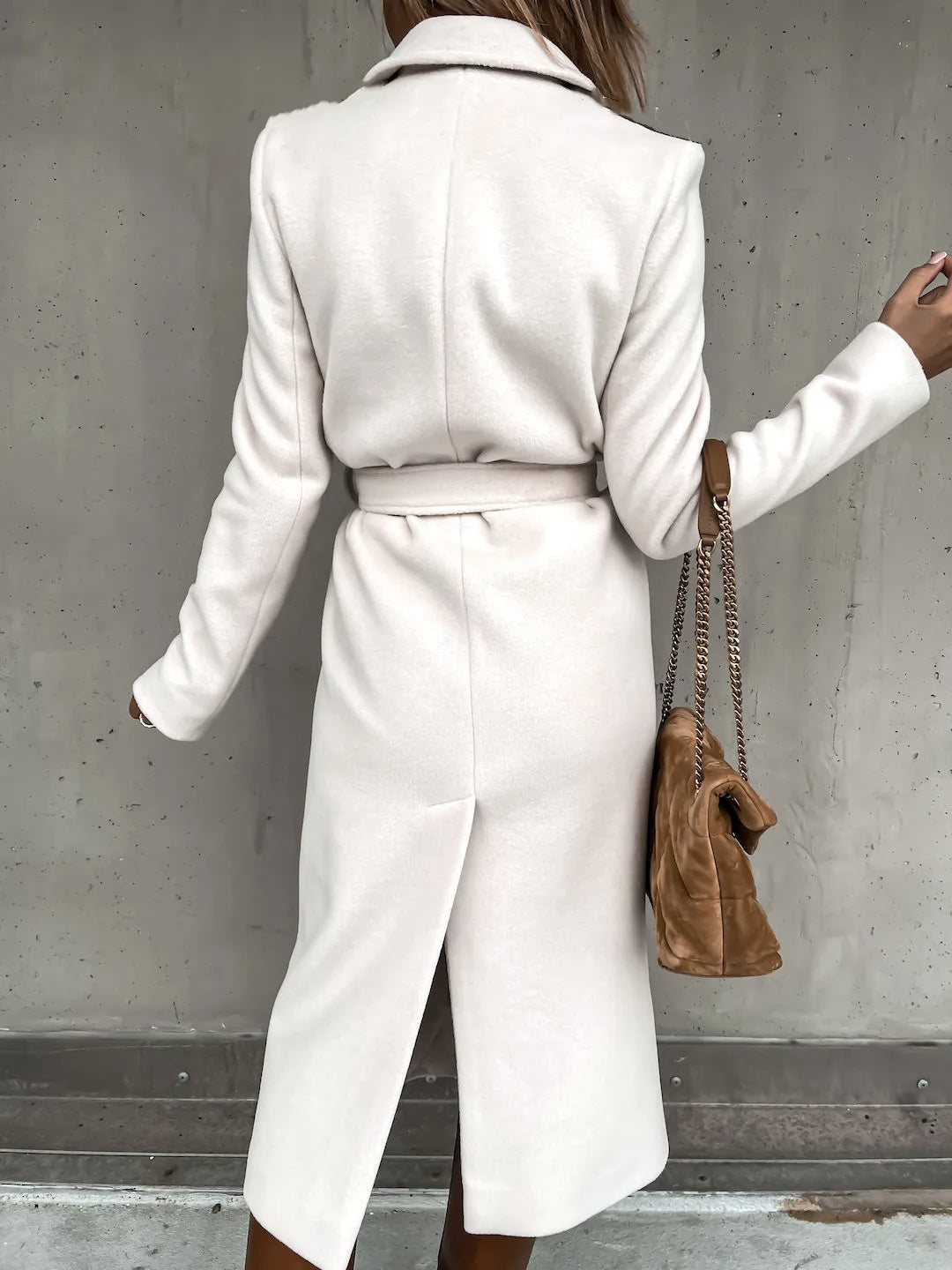 Women's Belted Midi Coat with Notch Lapel Open Front