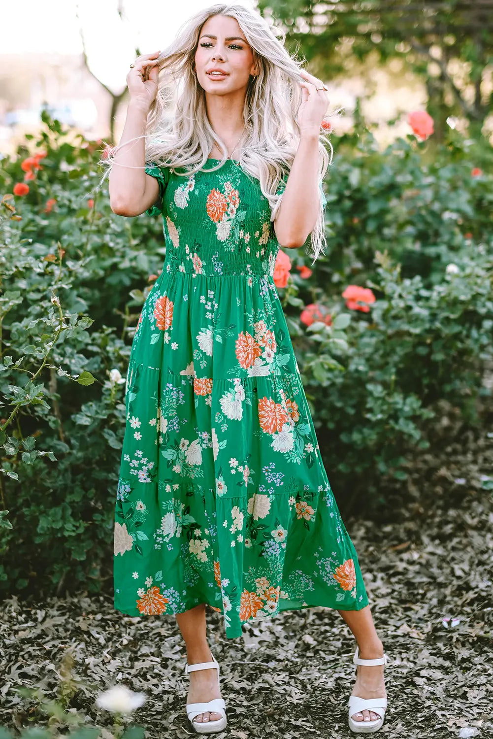 Prairie Bloom Smocked Tiered Midi Dress — Green Floral Dear-Lover Dropshipping