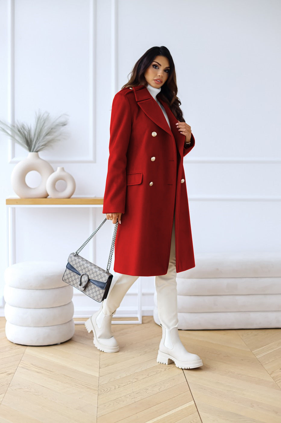 Women's Double-Breasted Wool Coat with Gold Buttons