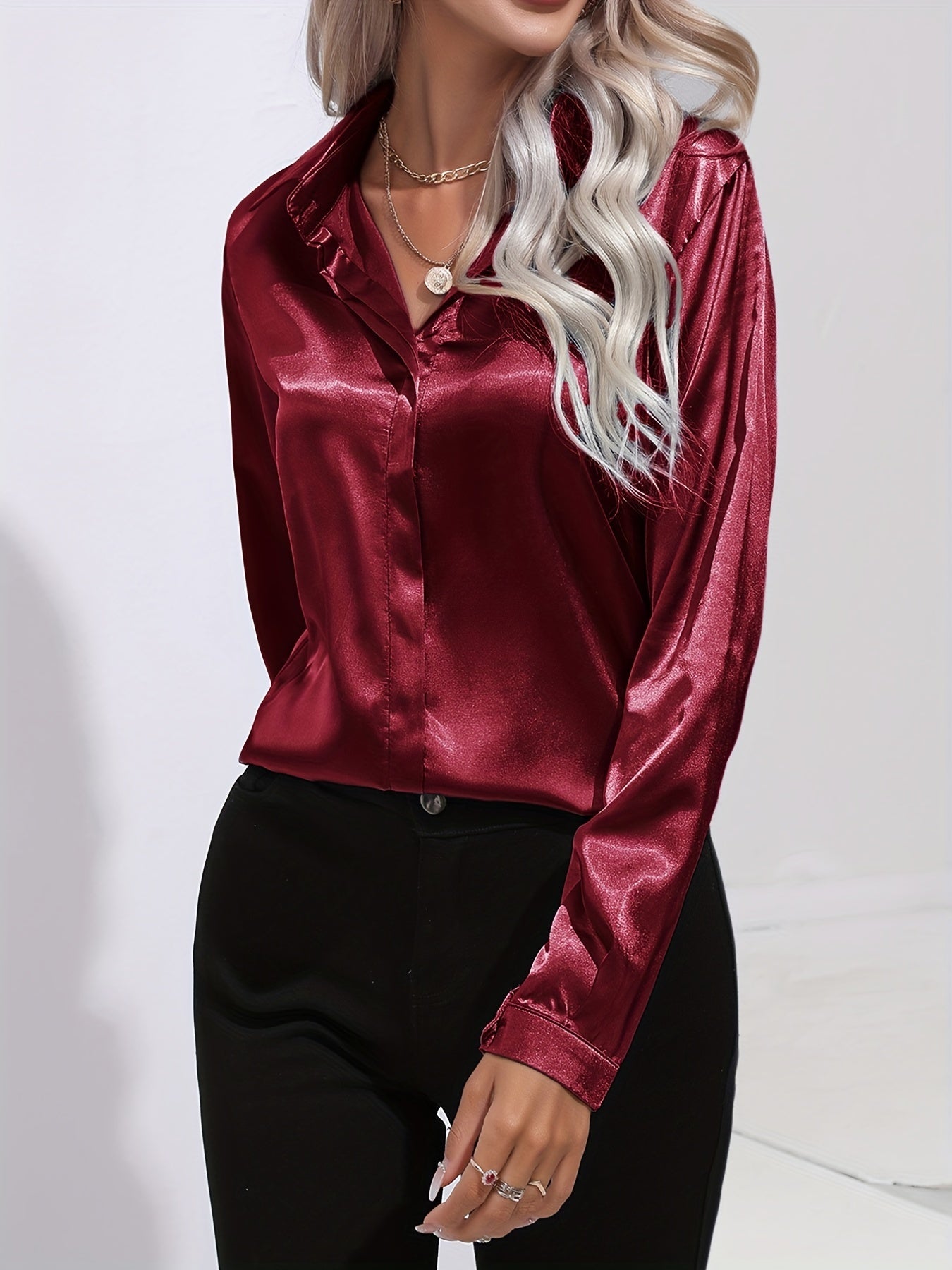 Sarah | Damen Langarm Satin Blusen mit Knopfleiste