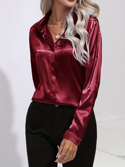 Sarah | Damen Langarm Satin Blusen mit Knopfleiste