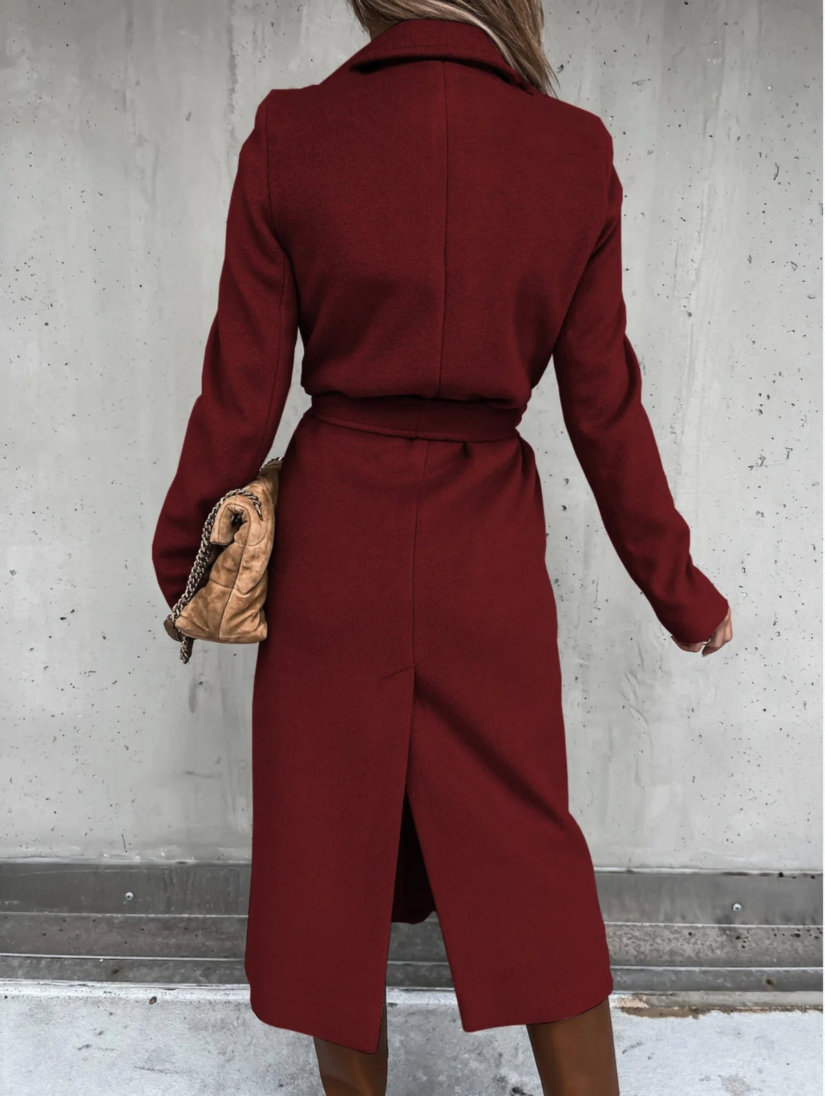 Women's Belted Midi Coat with Notch Lapel Open Front