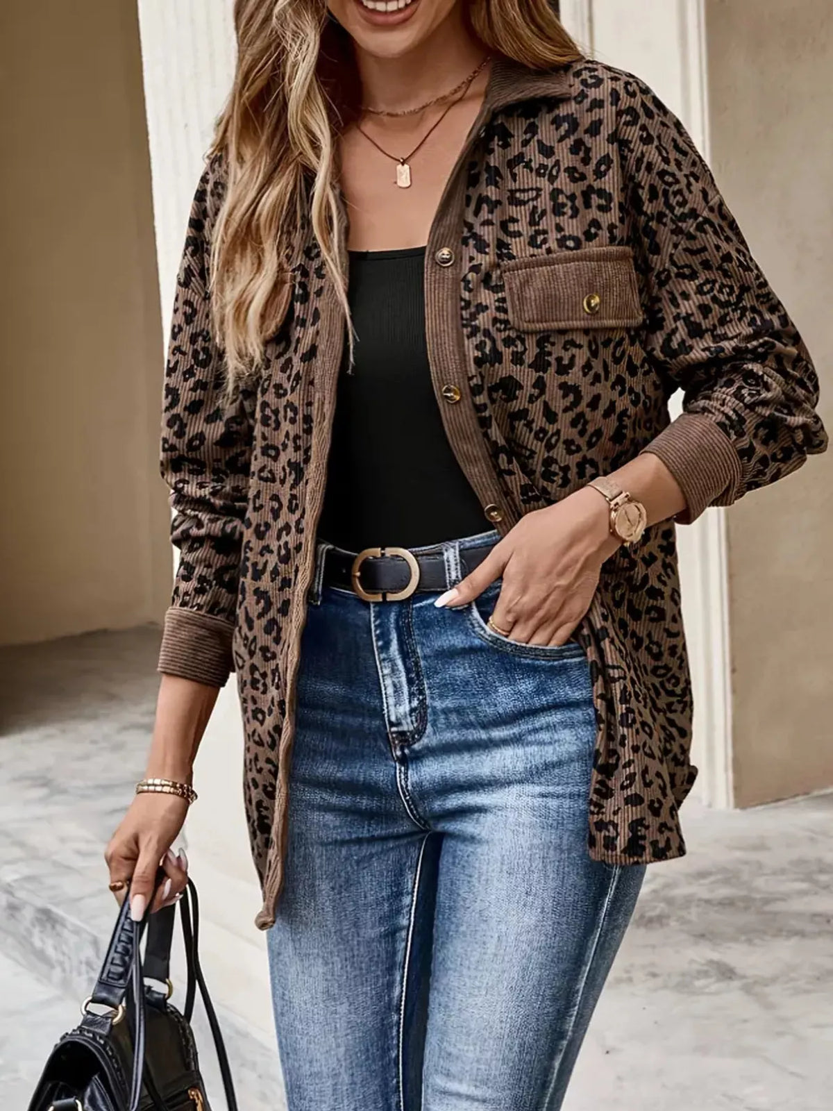 Leopard Print Corduroy Button-Up Jacket with Trendy, Stylish Appeal