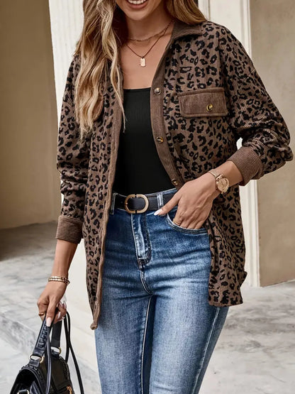 Leopard Print Corduroy Button-Up Jacket with Trendy, Stylish Appeal