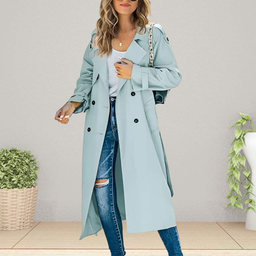 Women's Double-Breasted Trench Coat with Turn-Down Collar
