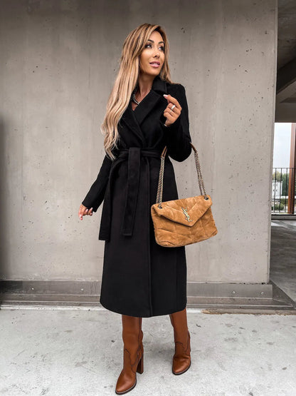Women's Belted Midi Coat with Notch Lapel Open Front