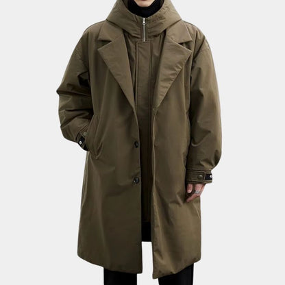 Men's Hooded Layered Trench Coat with Zip Insert