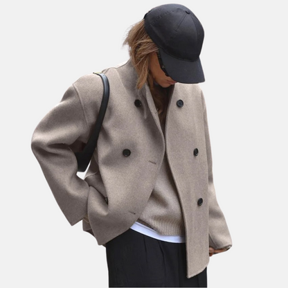 Women's Double-Breasted Coat with V-Neck and Button Front